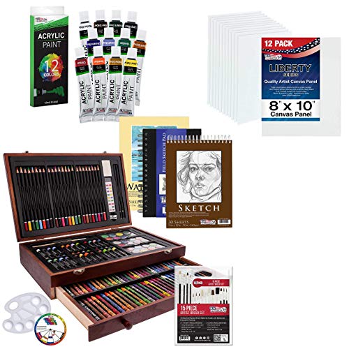 U.S. Art Supply Mega Wood Box Art Set with 12 Color Acrylic Aluminum Tube Paint and 12 Pack of 8 X 10 inch Canvas Panel Boards
