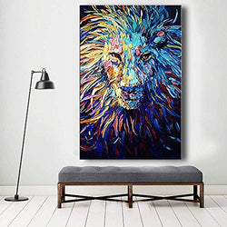 Orlco Art Hand-Painted Navy Dark Blue Lion Oil Painting Abstract Wall Art Animal Paintings On Canvas for Living Room Office Palette Knife Heavy Textured (A, 24x36inch with The Stretched)