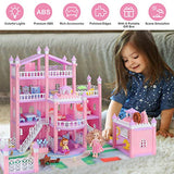 Dollhouse with LED Light, Princess Large Doll House, 4 Floors with 3 Dolls Dream House Building Toys with Slide Furnitures Accessories Pets Cottage DIY Pretend Play House Set, Gift for Girls Toddlers