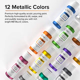 GenCrafts Metallic Acrylic Pouring Paint Set - Set of 12 Metallic Colors - Pre-Mixed High Flow & Ready to Pour - 2 oz./ 59 ml Bottles - Multi-purpose Paints for Canvas & Paper, Rocks, Wood and More