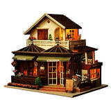 QWERTP Innovative Gift DIY Cottage House,3D Puzzles Dollhouse - Miniature Kit Large Coffee House Villa with LED Light and Music Dust Cover and Character Doll