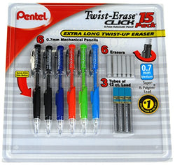 Pentel Twist-Erase Click Mechanical Pencil Set - 6 Mechanical Pencils, 6 Extra Erasers, 3 Tubes