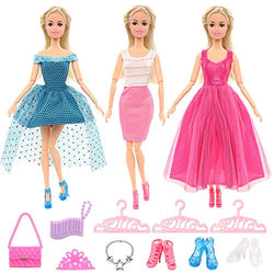 BARWA Lot 12 Items 3 Sets Fashion Casual Clothes Outfit Party Dress with 10 Accessories Bags Shoes Hangers Crown for 11.5 inch Girl Doll Xmas Gift