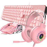 4-in-1 Gaming Keyboard Mouse Combo Wired White Led Backlit 104 Keys Ergonomic Gamer Pink Keyboard + 2400DPI Adjust 6 Buttons USB Optical Game Mouse 3.5mm Gaming Stereo Headset for PC Laptop Computer