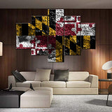 Canvas Wall Art American Maryland States Flags Artwork Red Grunge Pictues for Living Room 5 Panel Textured Prints Paintings Modern Home Decoration Giclee Framed Stretched Ready to Hang(60''Wx40''H)