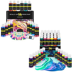 Magicfly 50 Colors Acrylic Pouring Paint (23 Classic Colors, 21 Metallic Colors, 6 Neon Colors), Pre-Mixed High Flow Pour Paint (60 ml/2 oz) with Acrylic Pouring Oil