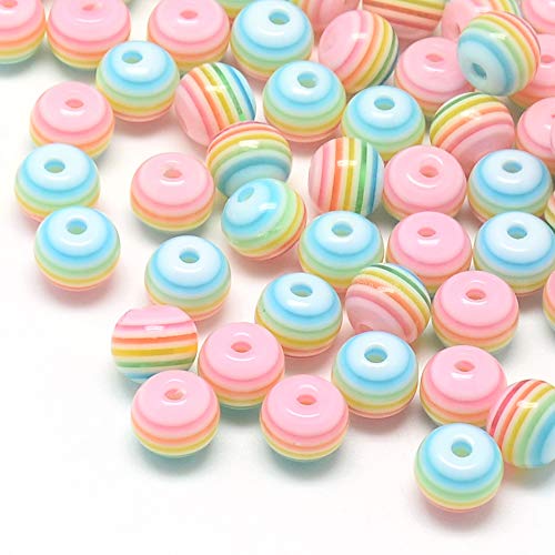 Pandahall 100pcs 8mm Round Rainbow Striped Acrylic Resin Chunky Beads Lined Candy Bubblegum Beads for Jewelry Makings