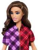 Barbie Fashionistas Doll with Long Brunette Hair Wearing Color-Blocked Plaid Dress and Accessories, for 3 to 8 Year Olds 