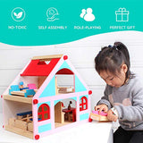 TOYROOM Wooden Dollhouse Blue Pink Doll Playhouse Cottage Set Wood Pretend Play 2-Story Playset with 35 PCS 1:12 Scale Furniture Accessories Doll Home for Kids Toddlers Girls (Blue)