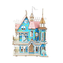 3D Wooden Puzzle Adult Colorful Dream Villa Blue Castle Building Model DIY Assembled Craft Kit Laser-Cut Educational Toys Set Christmas Birthday Gift for Wife Girlfriend Home Decor 14 Years Up Teens