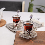 Alisveristime (SET OF 6) Handmade Turkish Tea Water Zamzam Serving Set Glasses Saucer and Spoon (Ottoman) (Silver)