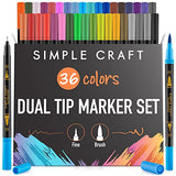 Simple Craft 36 Colored Dual Tip Brush Pens - Fine & Brush Tip Dual Brush Markers For Journaling - Brush Tip Markers For Adults, Kids, Coloring Books, Bullet Journals, Planners, Calligraphy, Drawing