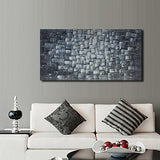 Textured Abstract Squares Canvas Wall Art Hand Painted Modern Silver Oil Painting for Decoration Ready to Hang 48x24inch