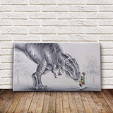 Libaoge Hand Painted Two Lovely Baby Boy Touching Trex Dinosaur in The Forest Oil Painting on Canvas with Wood Frame, Modern Home Wall Decoration Artwork Ready to Hang(16x31.5 inch)