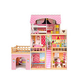 LA FEIER 3-Story Wooden Dollhouse for Kid Large Doll House with 4 Rooms Included Kitchen, Living Room, Bedroom, Balcony, Parking spot, and 7 Pieces Solid Wood Furniture, Gift for Girl Age 3+