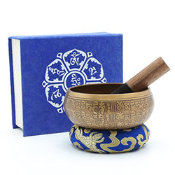 Dhyana House Tibetan Meditation Singing Bowl Set With Mallet,Ring Slik Cushion and Large Travel Box for Yoga, Healing, Reiki, Zen, Relaxation, Chakra and Music Handmade in Nepal (5 Inch, Blue)