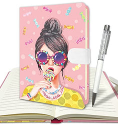 Cute Notebook Small Hardcover Journals for Women Writing, 288 Lined Pages 7.5x5.3” Blank College Ruled Girl Diary Notepad for Note Taking Incl. 1 Crystal Ballpoint Pen Kawaii Gift – Girl