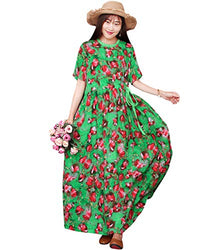 YESNO Women Long Maxi Bohemia Floral Dresses Short Sleeve Summer Swing Dress Casual Plus Size Laced Waistline w/Pockets ED2 (S, ED2 As Picture6)