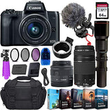 Canon EOS M50 Mirrorless Digital Camera (Black) & 15-45mm STM Lens + 2 Lens Kit w/Rode VideoMicro Compact On-Camera Microphone + 64GB Transcend Memory Card, Camera Bag & Essential Accessory Bundle
