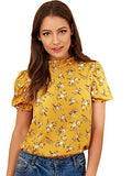 Romwe Women's Floral Print Ruffle Puff Short Sleeve Casual Blouse Tops Yellow #2 Large