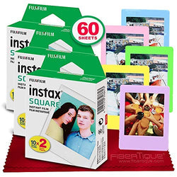 Fujifilm instax Square Instant Film (60 Exposures) Compatible with FujiFilm Instax Square SQ6, SQ10 and SQ20 Instant Cameras + 5 Color Picture Frames + FiberTique Cleaning Cloth