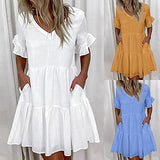 Ulanda-Dresses for Women, Women's Casual Dresses Summer Flowers Bell Sleeve Ruffle Hem Loose Swing Tunic Midi Dress