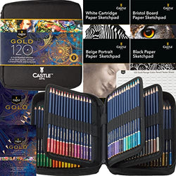 Castle Art Supplies Gold Standard 120 Coloring Pencils Set with Extras | Quality Oil-based Colored Cores Stay Sharper, Tougher Against Breakage | For Adult Artists, Colorists | In Zipper Case