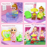 Dreamhouse, Dollhouse with LED Light/4 Floors/3 Dolls/Furniture Accessories, DIY Pretend Play Doll House with Bedroom, Kitchen, Bathroom Dreamy Princess House Pretend Toy Gift for Toddler Girls 3+