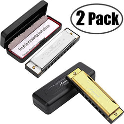 Harmonica for Kids, Anwenk 2Pack Harmonica Key of C 10 Hole 20 Tone Diatonic Harmonica C with Case for Beginner,Students,Kids Toddlers Gift, Silver and Gold