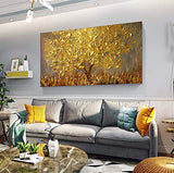 Faicai Art Thick Texture Gold Tree Paintings Canvas Wall Art Hand Oil Canvas Paintings 3D Palette Knife Canvas Artwork Wall Decor for Living Room Bedroom Office Stretched Ready to Hang 24"x48"