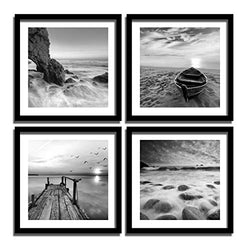 ENGLANT-4 Panels Set Framed Canvas Print for Seascape Beach and Boat Sunrise Scenery Black and White Giclee Canvas Print Wall Art Ready to Hang
