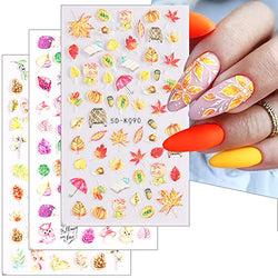 Fall Nail Art Stickers Maple Leaf Nail Decals 5D Realistic Autumn Thanksgiving Day Nail Art Decorations Supplies 5D Maple Leaves Pumpkin Owl Hedgehog Cute Design Acrylic Nail Art for Women 3 Sheets