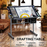 Yaheetech Adjustable Glass Drafting Table Drawing Desk Diamond Art Desk Versatile Art Craft Station Study Table w/ 2 Slide Rolling Wheels and Drawers for Artist Painters Home Office