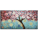 Modern Art 100% Hand Painted Framed Home Wall Decor Art Blooming Flower Tree Oil Painting Abstract Artwork Cherry Blossoms Pink Flowers Blue Teal Colourful Starry Night Sky Living Room Decoration