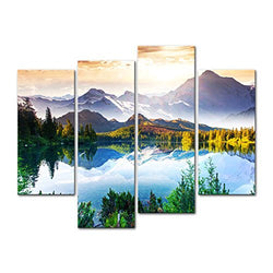 Mountain and Lake Nature Landscape 4 Pieces Modern Canvas Painting Wall Art The Picture For Home Decoration Fantastic Sunny Day Is In Mountain Lake Print On Canvas Giclee Artwork For Wall Decor