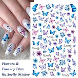 Butterfly Nail Art Stickers Decals Blue Butterflies Flowers 3D Nail Sticker Summer Floral Leaves Adhesive Transfer Decal Slider Nail Decorations for Acrylic Nails DIY Nail Art Supplies 10 Sheets