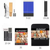 ELEAZAR drawing pencil with 50 pages of sketchbook, 35 pieces in a portable zipper box, including sketching pencils and accessories, suitable for children, adults, beginners and professionals