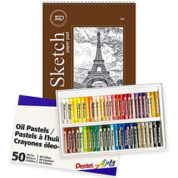 Pentel Oil Pastels 50 Colors Soft oil Pastels, Oil Pastels for Artists and Kids, Oil Crayons and Oil Pastel Paper Pad 9"x12" Spiral Bound 30 Sheets, Oil Pastels Art Supplies