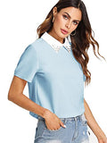 Romwe Women's Cute Contrast Collar Short Sleeve Casual Work Blouse Tops Blue X-Small