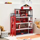 Costzon Kids Dollhouse, Wooden Fire Station Playset w/ Ladder, Fire Truck, Rescue Helicopter, Play Accessories, Imaginative Skill Development, Cottage Toy Set w/ Furniture for Boys Girls