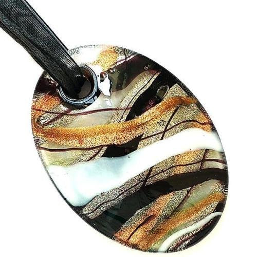 Black White Silver Oval Lampwork Glass Murano Bead Pendant Ribbon Cord Necklace