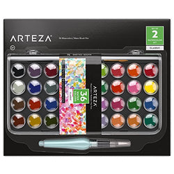 ARTEZA Classic Watercolor Paint, Set of 36 Vibrant Color Cakes, Includes 1 Water Brush Pen