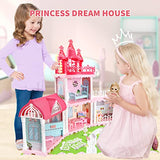 Princess Castle Dollhouse with 4 Large Dream House Rooms and Doll Toy Figures, Furniture, Portable Plastic Toddler Doll Houses Christmas Birthday Gifts for Kids 4 5 6 7 8 Year Old Girls - XpdStart