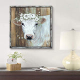 Animal Framed Picture Wall Art: White Cow Artwork Hand Painted Painting on Wooden Board for Bedroom (24''W x 24''H,Multiple Sizes)