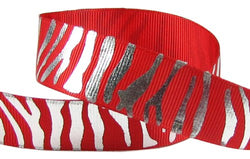 Hip Girl Boutique 5y7/8" Silver Metallic Foil Zebra Print Grosgrain Ribbon-Red