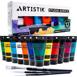Studio Acrylic Paints - 12 x 75ml Acrylic Paint Tube Set with 3 Brushes - Premium Student Quality Highly-Pigmented Colors Non-Toxic for Canvas, Paper, Wood and More