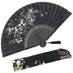 OMyTea Grassflowers 8.27"(21cm) Hand Held Folding Fans - With a Fabric Sleeve for Protection for