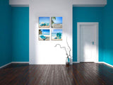 Beach Theme Decor Bedroom Wall Decor Summer Beach Palms Sandy Beach with Shells Ocean Decor - 4 Panels Framed Artwork Blue Sea Canvas Prints for Living Room Bathroom Home Decor 12x12 inches 4pcs/Set