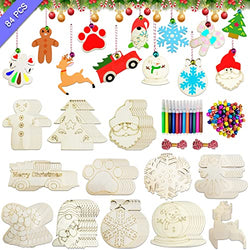 84PCS DIY Christmas Wooden Ornaments, Unfinished Wooden Cutouts for Kids Home Decor Ornament DIY Craft Wood Slices with 12 Styles,16m Red Rope, 84 Colored Bells, 12 Colored Pens