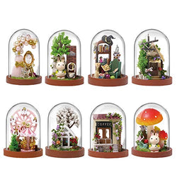 WYD Mini World Series Glass Cover House Model Kit 8pcs Assembled 3D Flower Room Coffee House Forest Dollhouse Kit Miniature Scene Landscape Glass House